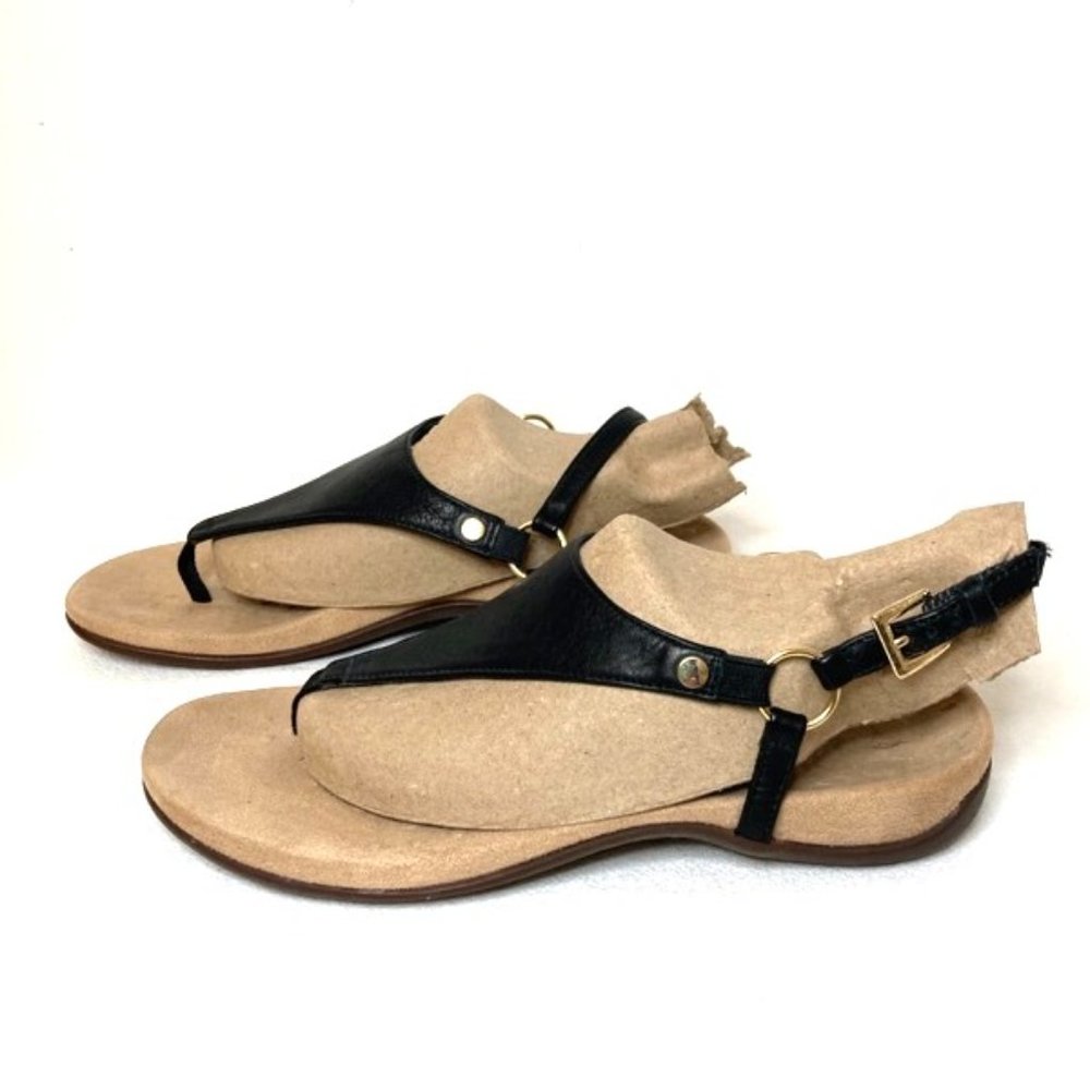 Vionic Kirra Sandals Women's 6.5 Black Leather Strap Slingback Flats Gold Buckle